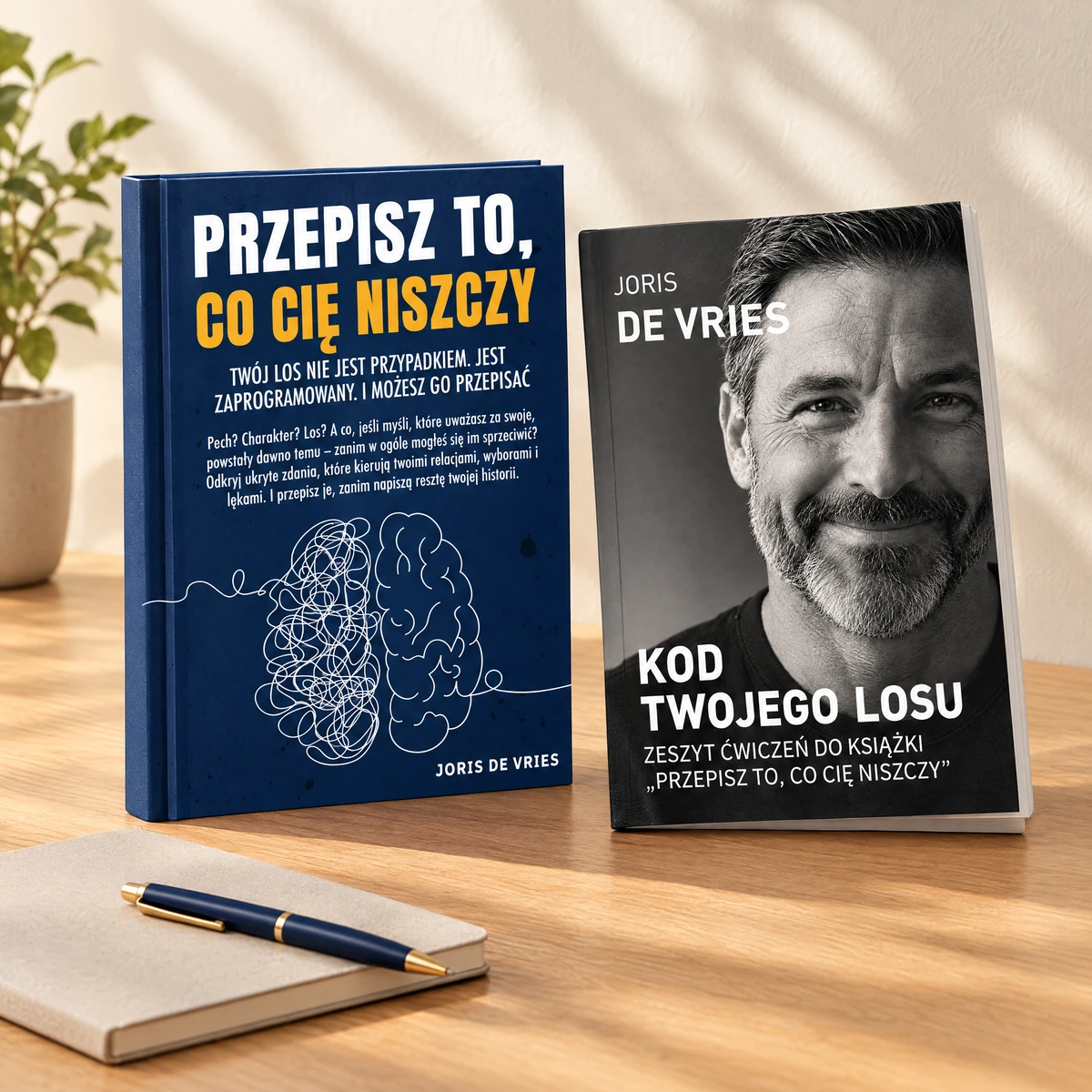 Wizualizacja polskiej książki Przepisz to, co cię niszczy i zeszytu Kod twojego losu